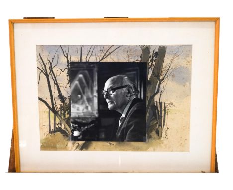 A photograph of Laurence Irving, framed in front of a pen and watercolour sketch, 24.5cm x 34.5cm