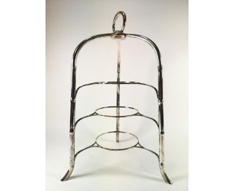 A plated cake plate stand with three bamboo form legs joining to a button top with a strap handle, 41cm high