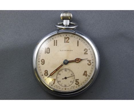 A chrome plated open face army service pocket watch by Leonidas. Champagne dial with numerical markings. Manual wind movement