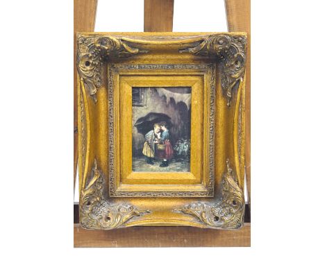 European school, children in a street scene, oil on panel 16cm x 11cm