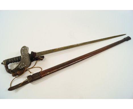 A George V Officers sword with shagreen grip and leather scabbard, 100cm long