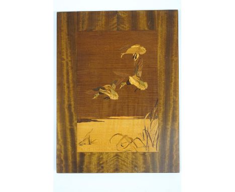 A marquetry panel depicting ducks in flight, apparently a replica of a panel in the dining room of the Queen Mary, and anothe