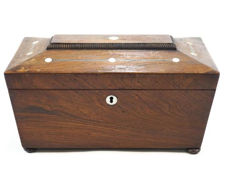 A William IV rosewood and mother of pearl tea caddy with white metal stringing, 15.5cm high x 30cm wide x 17.5cm deep