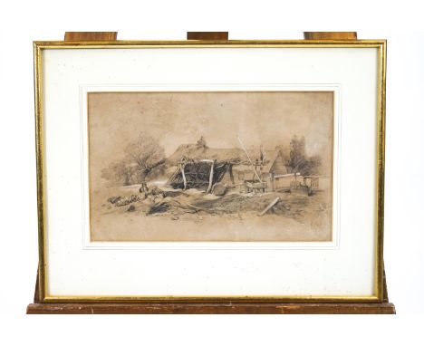 A J Stark, landscape, watercolour, 12cm x 17cm, together with a Victorian charcoal sketch of  figures in a landscape, 20cm x 