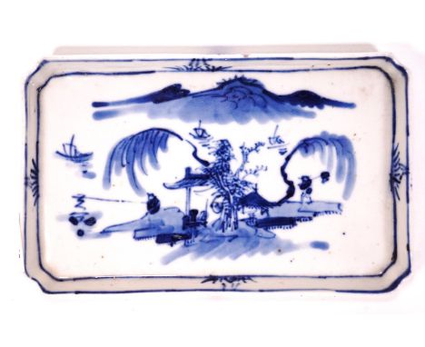 A Chinese porcelain spoon tray, painted in underglaze blue with figures in a landscape, 17cm x 10.5cm