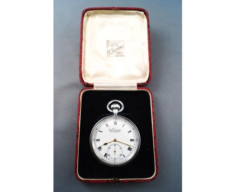 An open face pocket watch. Round white dial with roman numerals and gilt hands. Dial signed Everite H Samuel, Manchester. Fif