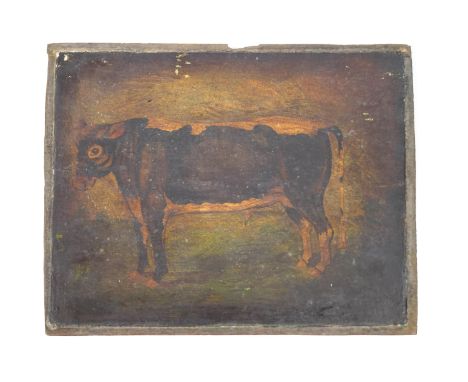English Primitive School, Cow in a landscape, oil on panel, 35cm x 41cm, un-framed