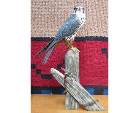 MIKE WOOD, HAND CARVED AND PAINTED TREEN MODEL OF AN AMERICAN BLUE KESTREL, APPROXIMATELY 48cm HIGH