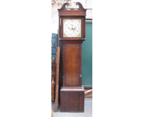 OAK CASED LONGCASE CLOCK WITH HANDPAINTED DIAL, NO PENDULUM 