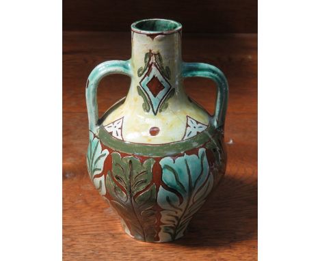 DELLA ROBBIA HANDPAINTED AND GLAZED TWO HANDLED VASE, INITIALLED TO BASE, APPROXIMATELY 16cm HIGH 