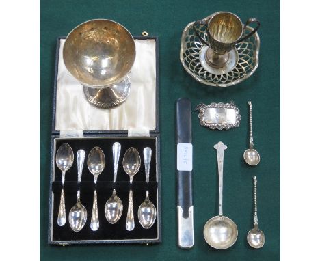 HALLMARKED SILVER REPOUSSE DECORATED PRESENTATION GOBLET, SET OF PLATED SPOONS, SILVER DISH, SILVER CUP, PAGE TURNER AND FLAT