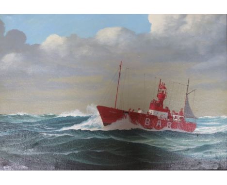 J CROMBY, GILT FRAMED OIL ON CANVAS DEPICTING LIVERPOOL BAR LIGHT SHIP 'PLANET', APPROXIMATELY 29cm x 42cm