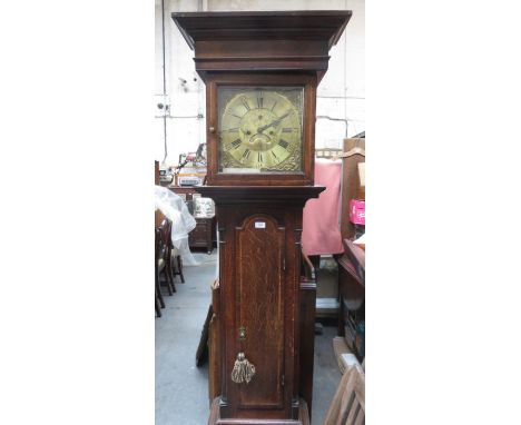 EARLY OAK CASED LONGCASE CLOCK WITH SQUARE BRAS ORMOLU DIAL BY FEATHERSTONE 