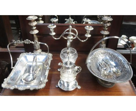 SILVER PLATED AND ETCHED GLASS STRAWBERRIES AND CREAM STAND  PLUS OTHER SILVER PLATEDWARE AND FLATWARE, ETC. 