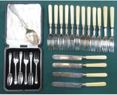 CASED SET OF SIX SILVER FORKS AND VARIOUS SILVER PLATED FLATWARE 