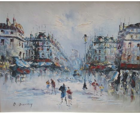 FRAMED OIL ON CANVAS DEPICTING A PARISIAN STREET SCENE, SIGNED R DARCY, APPROXIMATELY 39cm x 49cm 