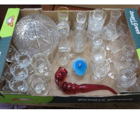 RUBY COLOURED GLASS PIPE, BIRD FORM PAPERWEIGHT AND VARIOUS GLASSWARE 
