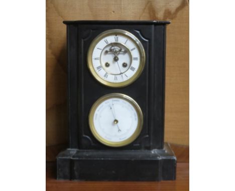 LARGE BLACK SLATE MANTEL CLOCK/BAROMETER, APPROXIMATELY 40cm HIGH