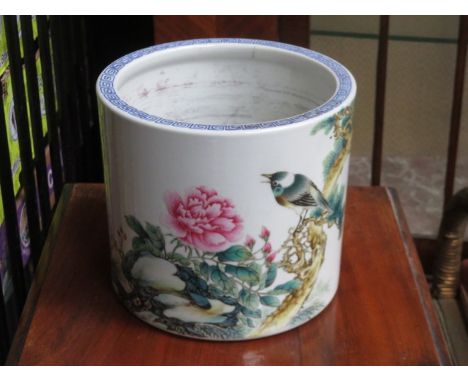 LARGE ORIENTAL CERAMIC PLANTER DECORATED WITH BIRDS, PLANTS AND FOLIAGE, STAMPED WITH CHARACTER MARKS TO SIDE AND BASE, APPRO