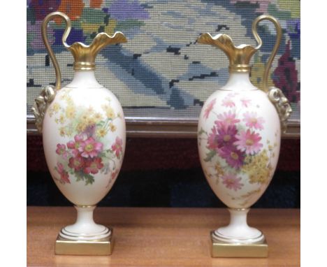 PAIR OF ROYAL WORCESTER BLUSH IVORY HANDPAINTED, GILDED AND FLORAL DECORATED CERAMICS JUGS, No1144, APPROXIMATELY 27cm HIGH