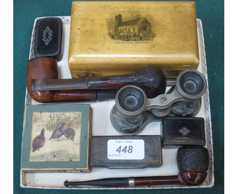 MIXED LOT INCLUDING SMOKER'S PIPES, SNUFF BOXES, OPERA GLASSES, VESTA CASE, ETC, PLUS MAUCHLIN WARE ISLE OF MAN STORAGE BOX