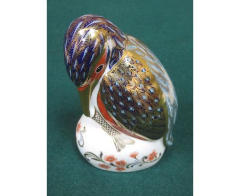 ROYAL CROWN DERBY CERAMIC KINGFISHER FORM PAPERWEIGHT WITH STOPPER, APPROXIMATELY 12cm HIGH