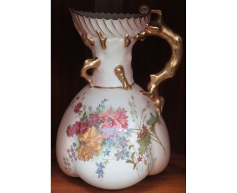 ROYAL WORCESTER BLUSH IVORY HANDPAINTED AND GILDED CERAMIC WATER JUG, APPROXIMATELY 21cm HIGH 