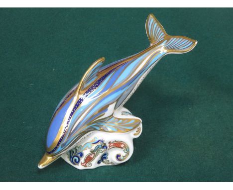 ROYAL CROWN DERBY CERAMIC DOLPHIN FORM PAPERWEIGHT WITH STOPPER, APPROXIMATELY 10cm HIGH