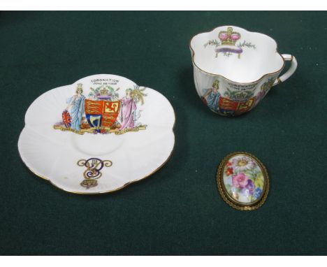 FOLEY WILEMAN &amp; CO COMMEMORATIVE CUP AND SAUCER AND ALSO LIMOGES FLORAL BROOCH 