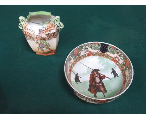 ROYAL DOULTON DICKENS WARE BARNABY RUDGE CERAMIC VASES AND DECORATIVE CERAMIC BOWL, DECORATED BY NOKES 