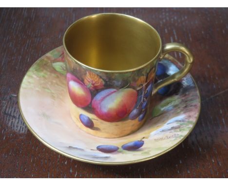 ROYAL WORCESTER HANDPAINTED AND GILDED SMALL COFFEE CUP AND SAUCER DECORATED WITH VARIOUS FRUIT SIGNED WH AUSTIN 