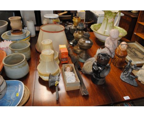 A Primus stove, a Lucas King road lamp AF, various oil lamps and vintage ice skates and a doll etc