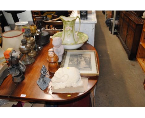 A floral decorated wash jug and bowl, various ornaments and a John Ball evergreen studio collection figure group , Sporting s