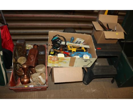 Three boxes of various hand tools etc and a plastic set of steps 