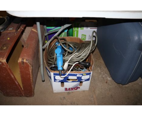 A box containing various hand tools, extension lead etc
