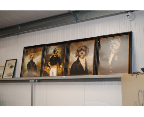Four framed novelty portrait prints depicting dogs