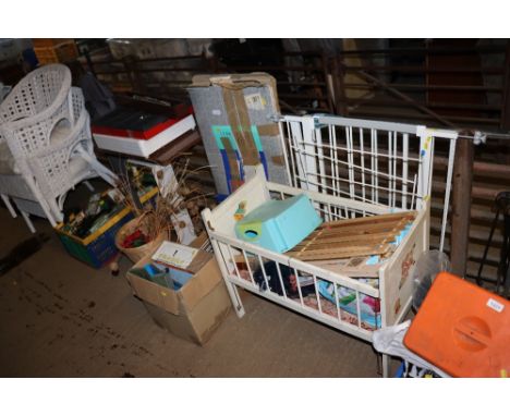 A large quantity of various household sundry items including stair gates, bed table, mirror, garden parasol, folding stools, 