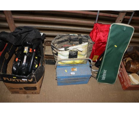 Two cantilever tool boxes and a bag of various tools