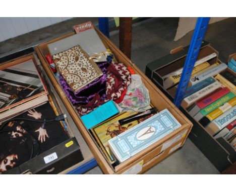 A box containing vintage advertising packaging; perfume; bag; fans; scarves etc.