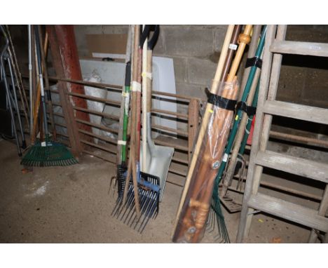A bundle of long handled gardening tools