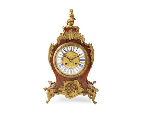  FRENCH GILT BRONZE, CUT BRASS AND RED TORTOISESHELL BOULLE MARQUETRY MANTLE CLOCK LATE 19TH CENTURY the embossed gilt circul