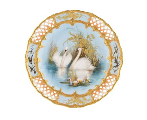  ROYAL WORCESTER CABINET PLATE BY CHARLEY BALDWYN DATED 1904 the border moulded with four pierced trellis panels shaded in co
