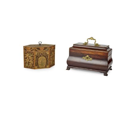  TWO GEORGE III TEA CADDIES LATE 18TH CENTURY the first a mahogany caddy of rectangular ogee form with brass swing handle on 