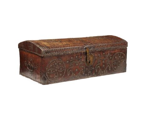  FRENCH HIDE AND STUD DECORATED DOME TOP 'BOITE DE MARIAGE' TRUNK 17TH/ 18TH CENTURY the dome top and sides covered in brown 