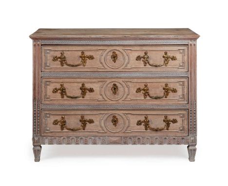  GUSTAVIAN GREY PAINTED COMMODE 19TH CENTURY the top with a moulded edge above a key and guilloche moulded frieze, over three