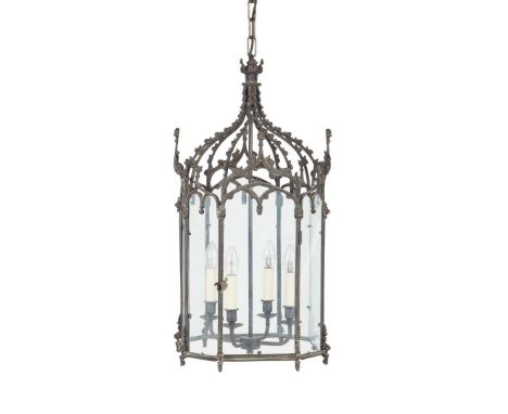  GEORGIAN GOTHIC STYLE BRONZE HALL LANTERN EARLY 19TH CENTURY of octagonal form with glass panel sides in a gothic arch frame