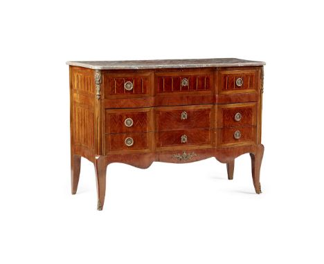  FRENCH TRANSITIONAL STYLE KINGWOOD PARQUETRY SECRETAIRE COMMODE, BY JOSEPH ROLL 19TH CENTURY the shaped mottled grey marble 