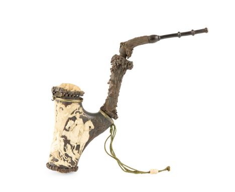  SOUTH GERMAN CARVED STAG-ANTLER AND HORN PIPE 19TH CENTURY the bowl carved with a stag hunting scene with men in military un