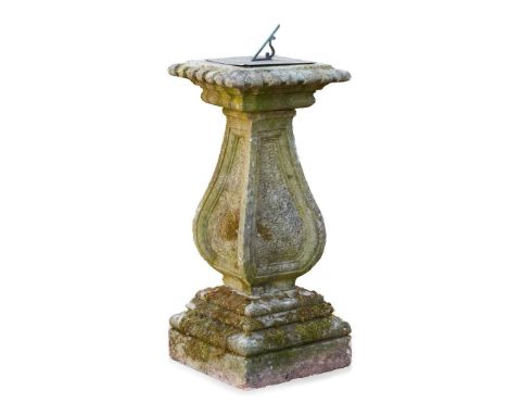  BRONZE AND CARVED STONE SUN DIAL 19TH CENTURY the bronze top with engraved scale, ‘Sunny Hours’ and with a scroll gnomon, on