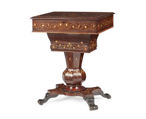  IRISH KILLARNEY ARBUTUS, YEW, AND MARQUETRY WORK TABLE MID 19TH CENTURY the hinged cover inlaid with a harp, shamrocks, this